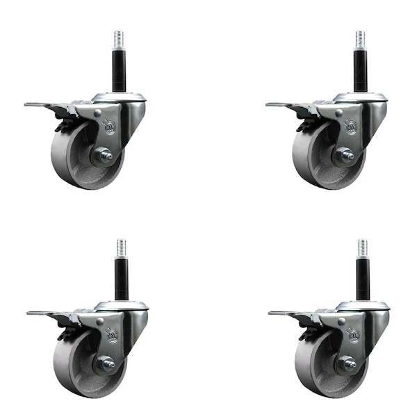 3'' Semi Steel Swivel 3/4'' Expanding Stem Caster Set Total Lock Brake, 4PK